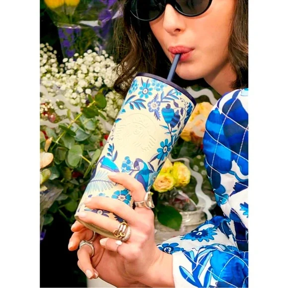 NWT Starbucks Farm Rio Limited Edition Blue & White Tropical Print Tumbl… - Picture 3 of 8
